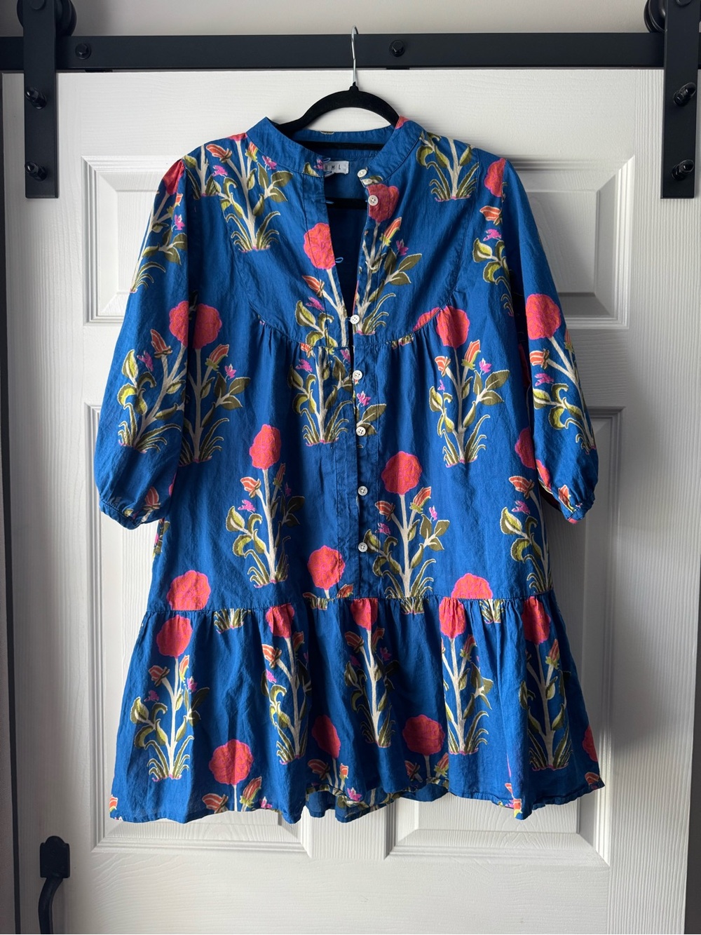 THML Floral Cotton Tiered Babydoll Dress Blue Pink Boho Size Small